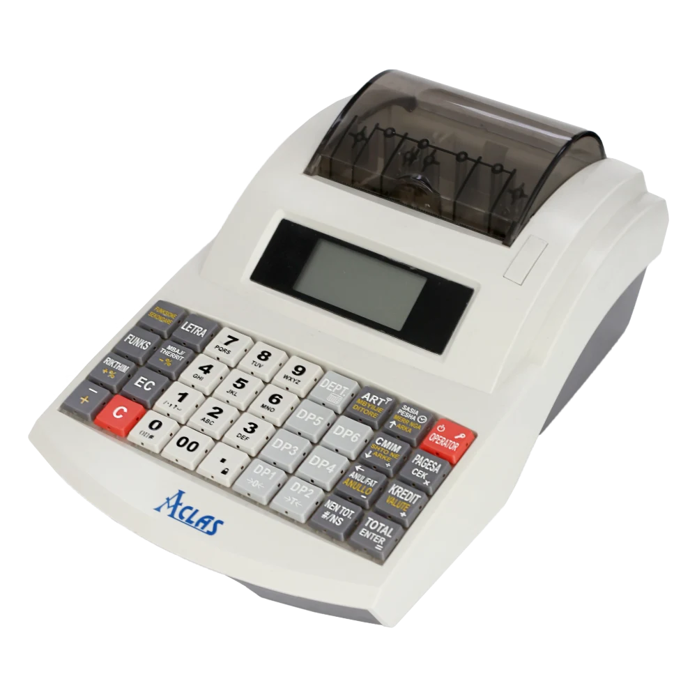 An Aclas CRLX fiscal cash register, with a hinged thermal printer cover, a single-line display and a keypad labelled in Albanian