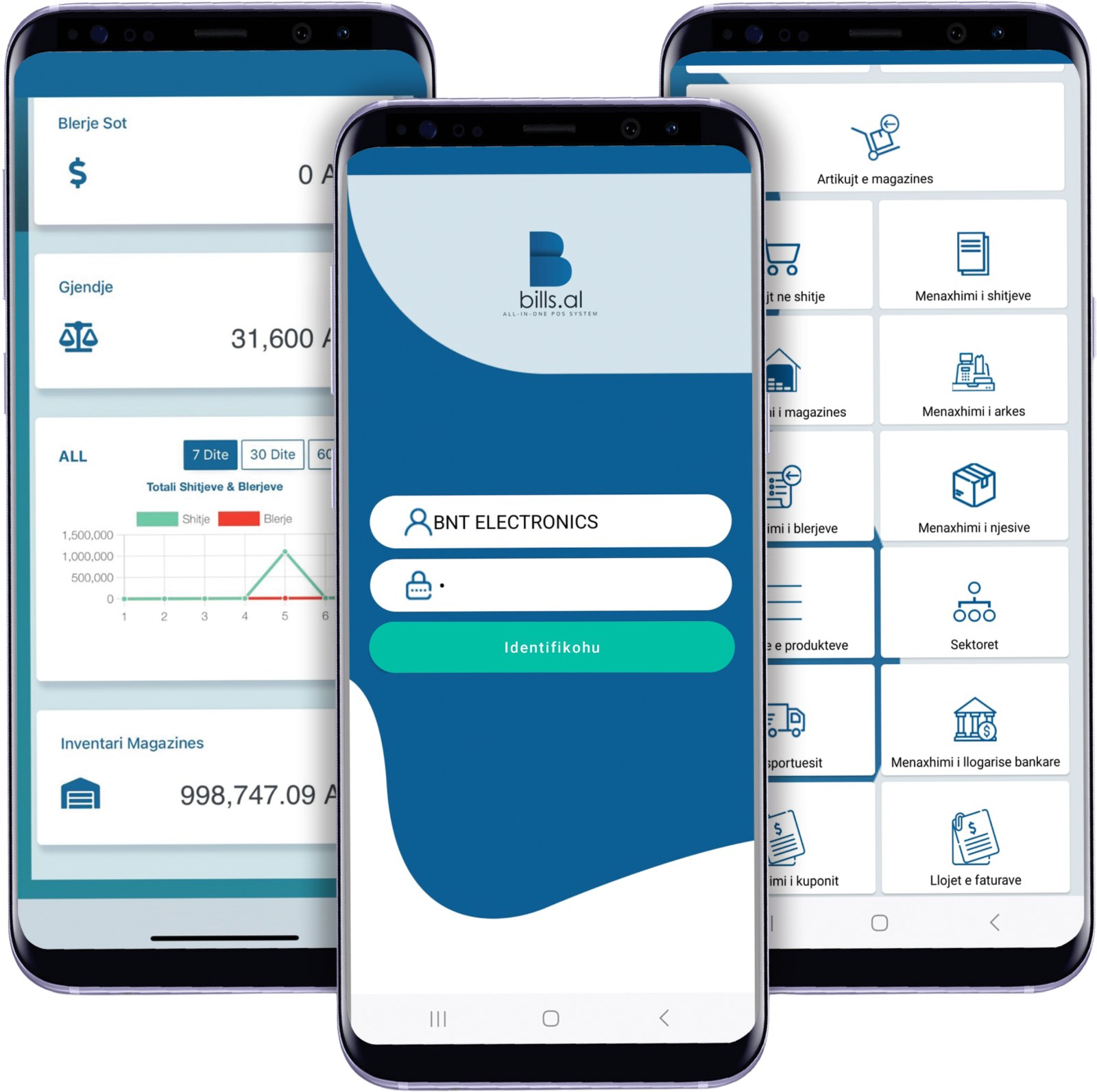 Bills.al dashboard, sign in, and management menu on mobile