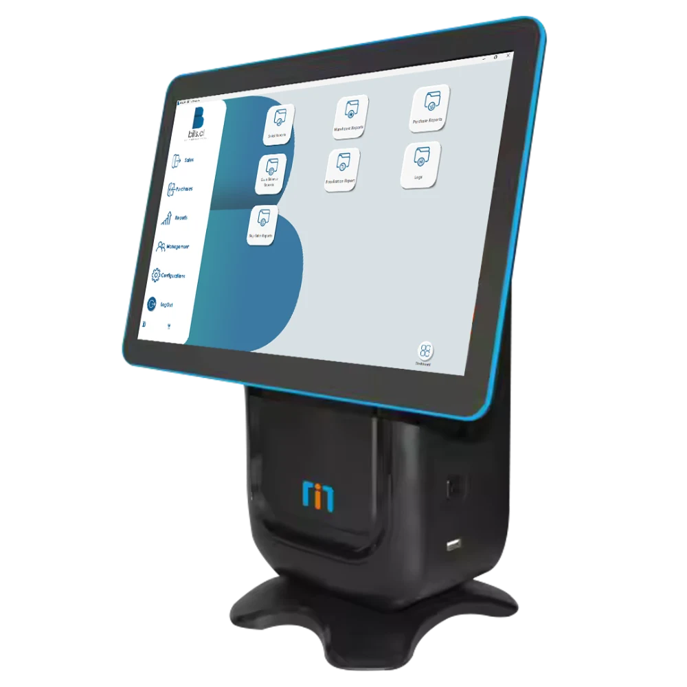 A Bills.al all-in-one point of sale terminal on a pedestal stand
