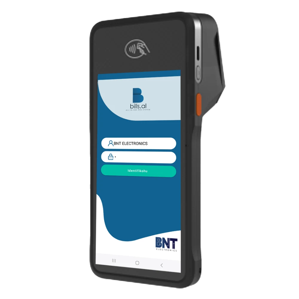 A handheld Bills.al point of sale device used for mobile invoicing