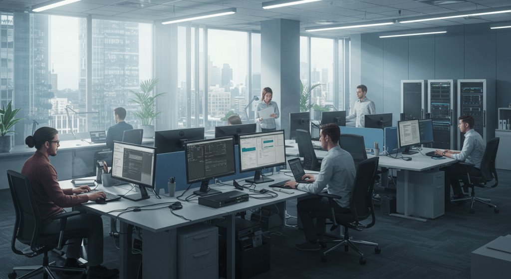 People working at desks with two monitors each in an open-plan office, with server racks along the back wall
