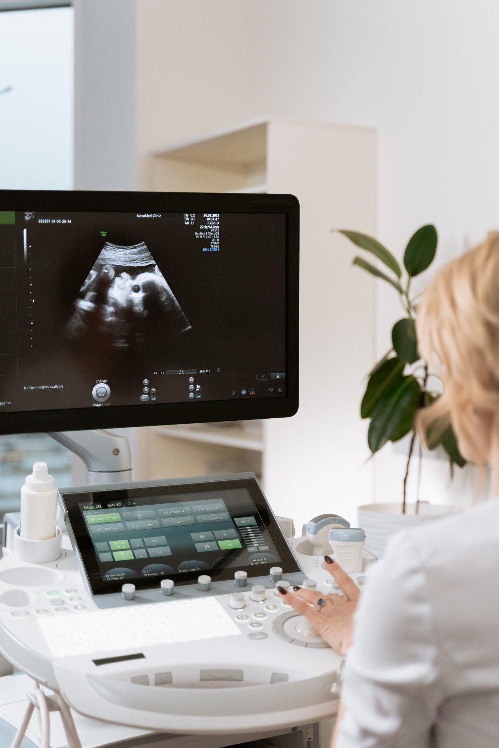 An ultrasound system being used at a patient bedside