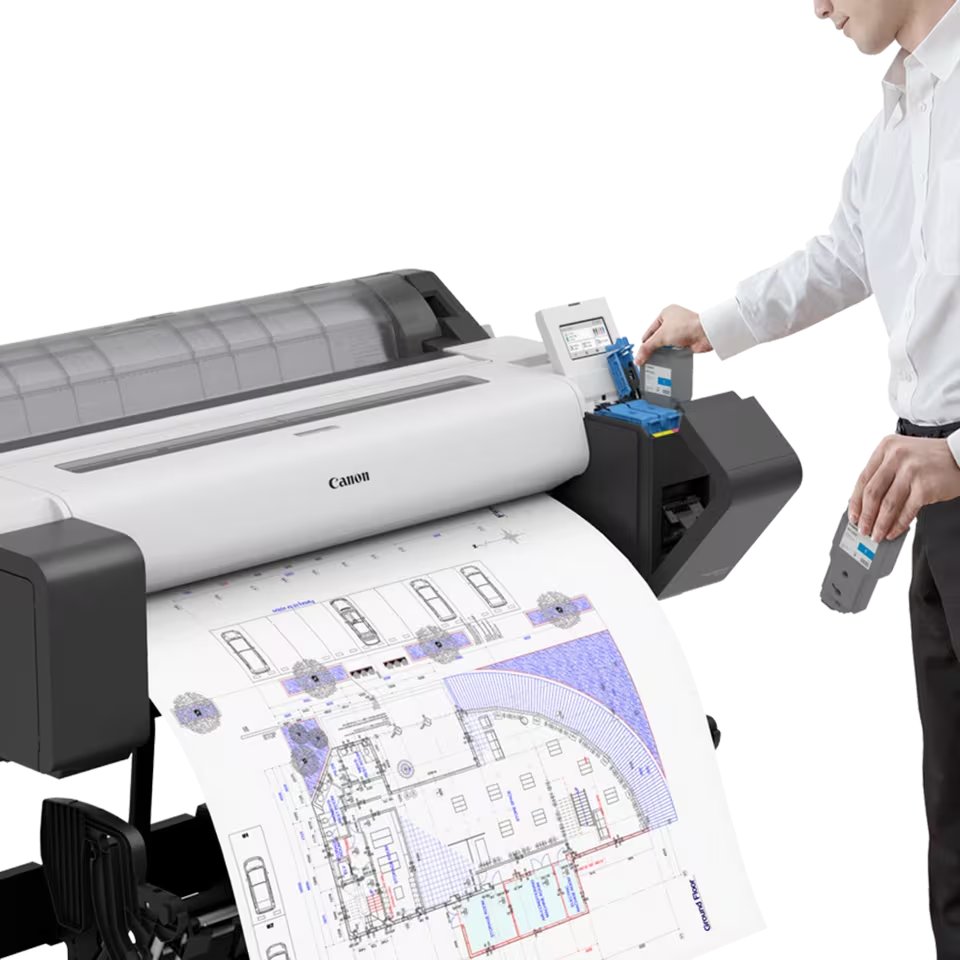 Canon large-format printer producing a technical drawing